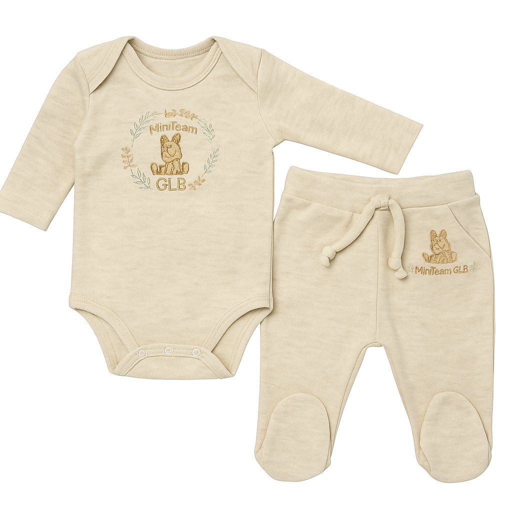 Conjunto Algodon Body Manga Larga y Pantalon Con Pie Bordado De Conejo