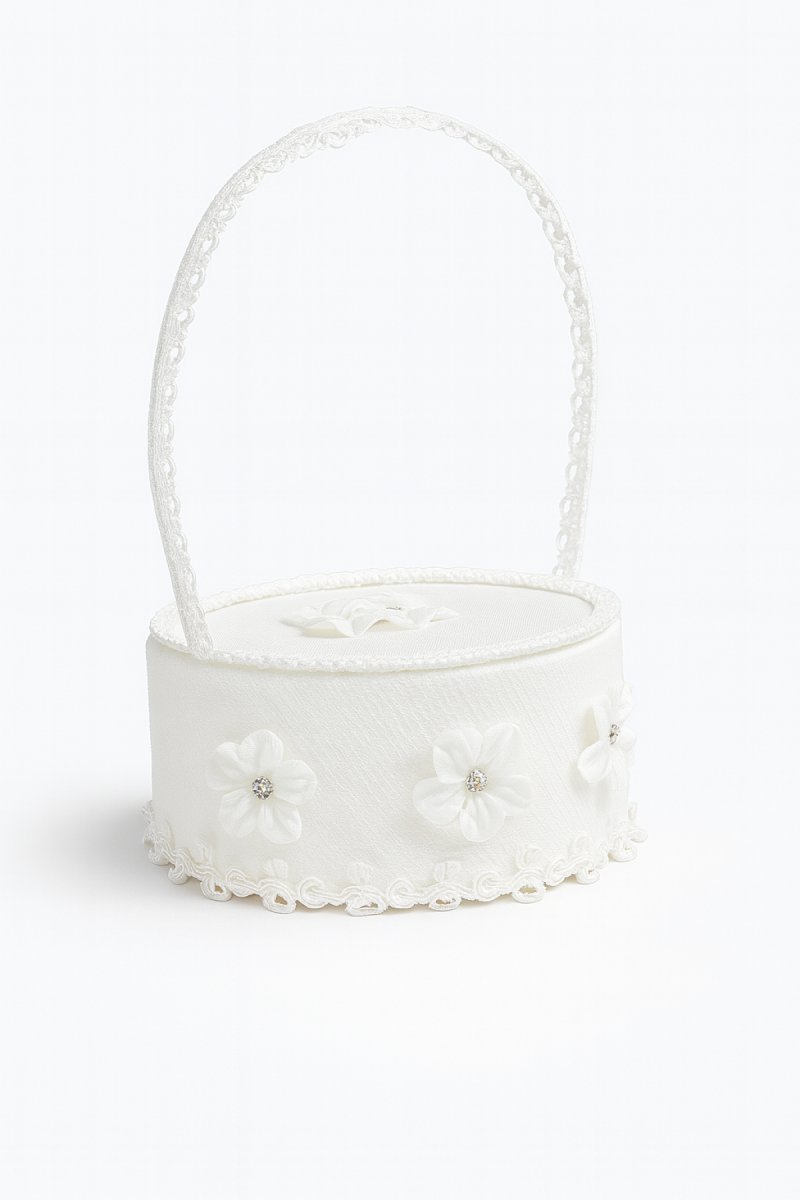 Canasta Comunion De Tull En Forma Circular Con Tapa Y Apliques De Flores