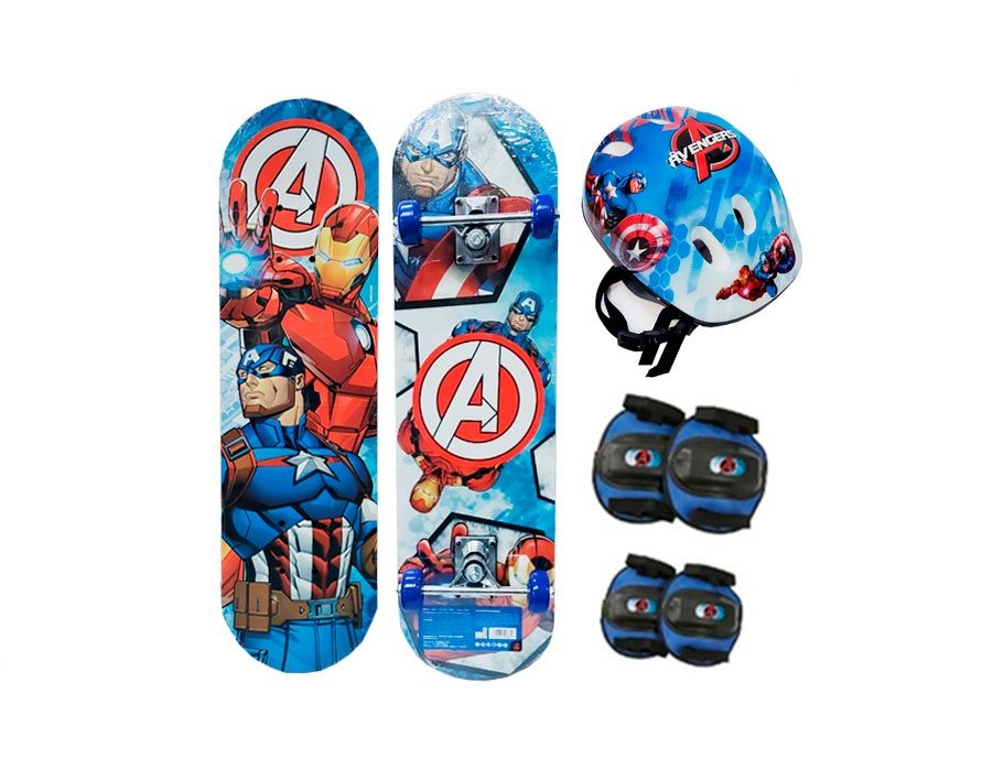 Skate Avengers Marvel Con Kit De Proteccion - Rodilleras, Coderas, Casco Y Bolso Para Transportar