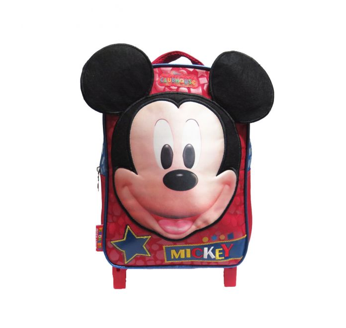 Mochila chica con carro mickey mouse con imagen del personaje al frente en tela brillosa sobresalen las orejas