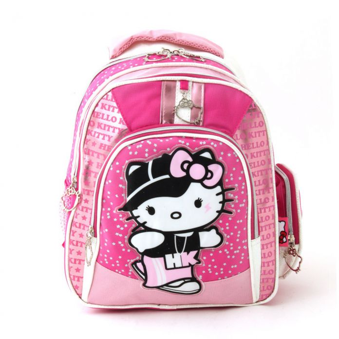 Mochila mediana 36cm espalda doble cierre con bolsillo frontal grande con el personaje en relieve en tela brillosa kitty con gorra