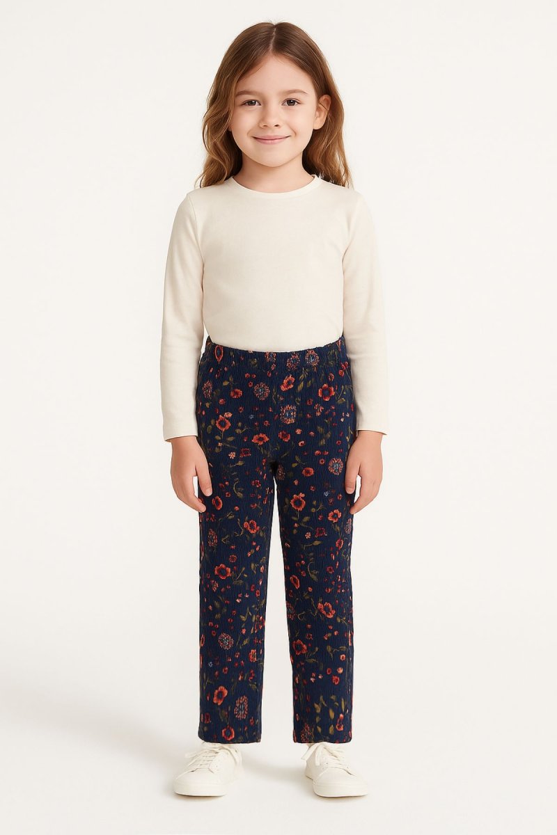 Pantalon de Corderoy Floreado Con Cinturon Elastizado