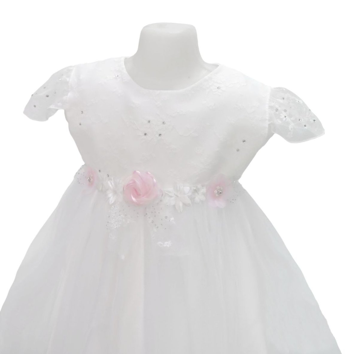 Vestido Bautismo Tul Con Mangas y Lazo Con Flores Rosas Y Blancas