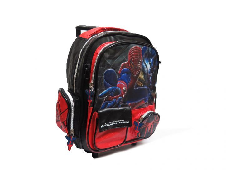 Mochila SpiderMan con carro bolsillo frontal cuadrado y otro redondo y 2 bolsillos laterales cabeza de SM con relieve