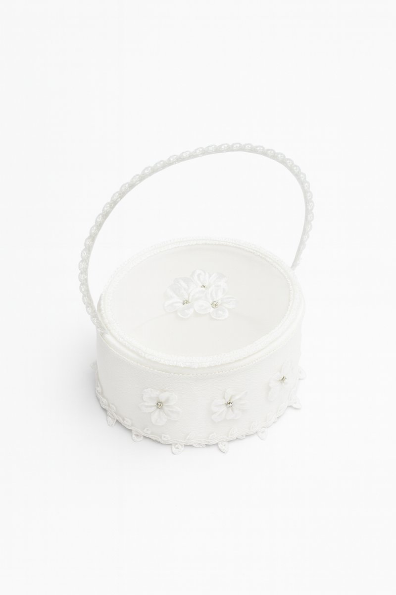 Canasta Comunion De Tull En Forma Circular Con Tapa Y Apliques De Flores