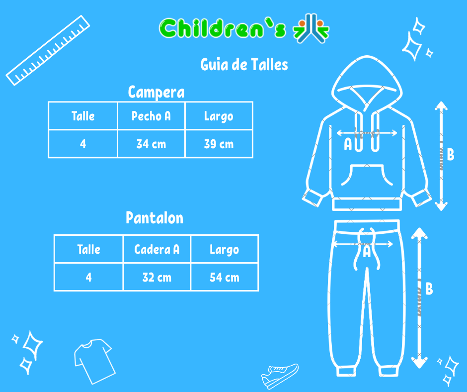 Tabla de talles — Conjunto Campera y Pantalon Frisa Negro Capucha rayada