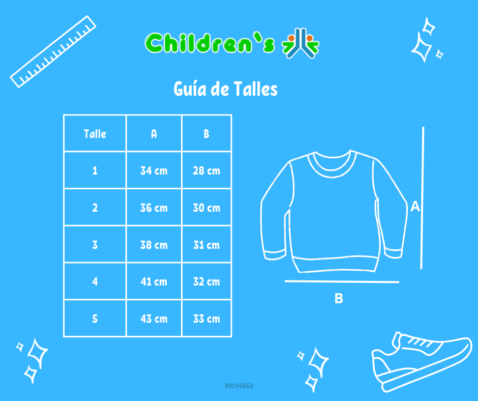 Tabla de talles — buzo friza combinado y estampado sin capucha de nena