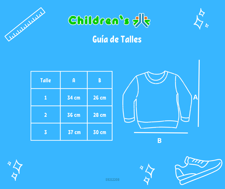 Tabla de talles — Buzo Frizado con Friza Estampado Estrellas Brillo con Corona Dice So Cool