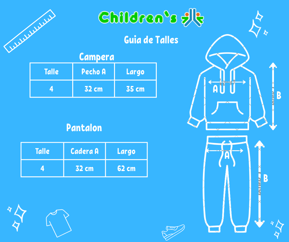 Tabla de talles — Conjunto Jogging de Campera Con Capucha Estampada Con Flor y Pantalon Liso