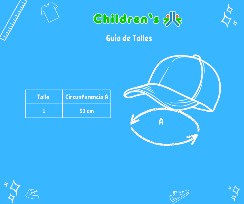 Tabla de talles — Gorro Cap - con Visera - Barbie - de Jean - Imagen holografica y Flores Bordadas