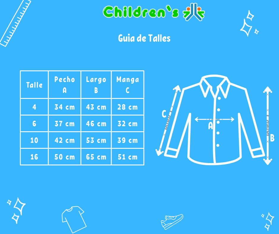 Tabla de talles — Camisa Manga Larga Cuadros Con Dibujo Bordado