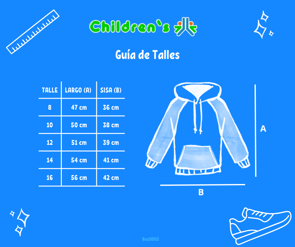 Tabla de talles — Buzo Frizado Estampado "Sweety" Con Capucha