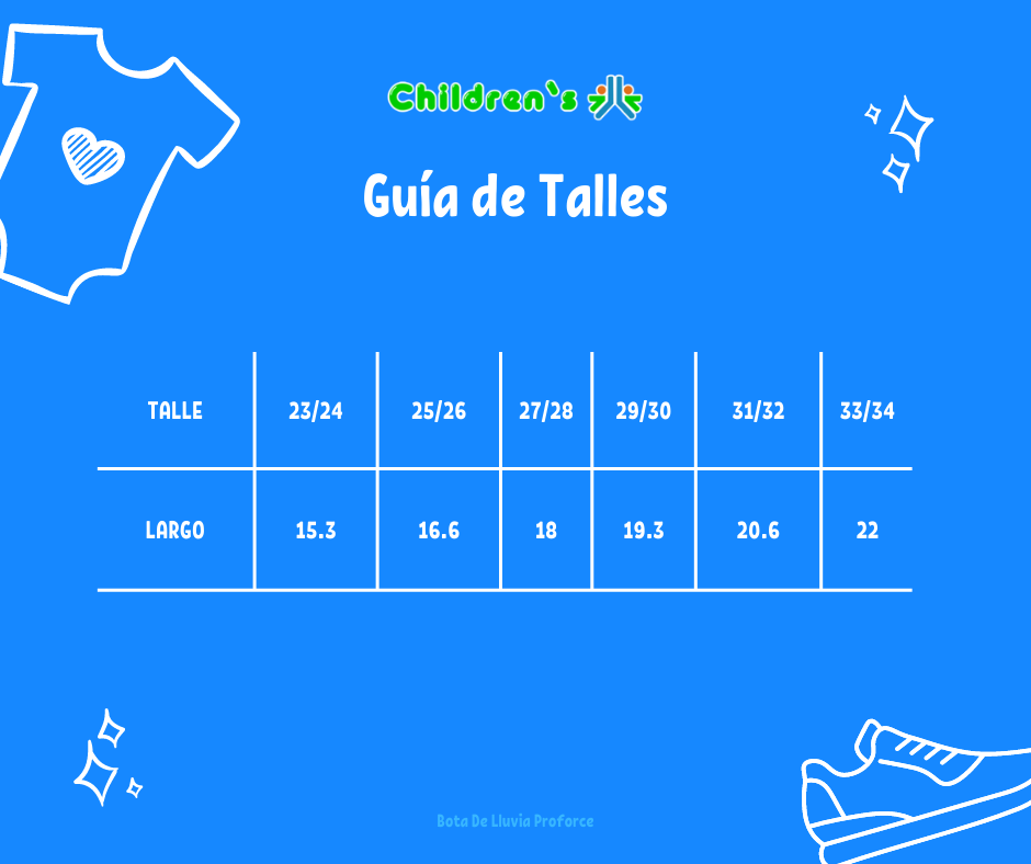 Tabla de talles — Bota de Lluvia Estampada con Suela Transparente