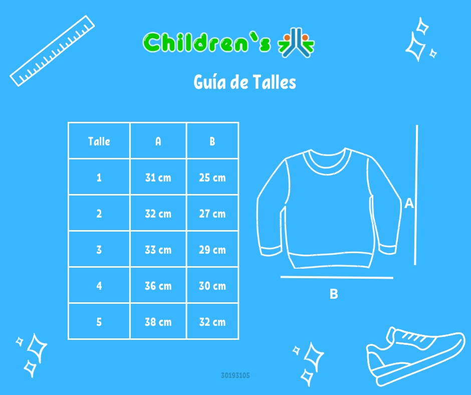 Tabla de talles — Buzo Frizado con Aplique de Lentejuela en forma de corazon