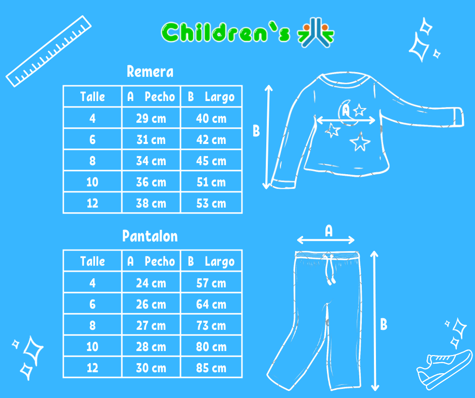 Tabla de talles — Pijama Bremer Invierno Remera Manga Larga y Pantalon