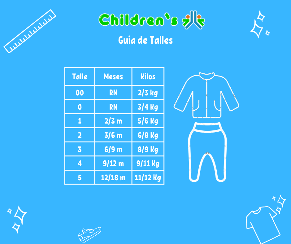 Tabla de talles — Conjunto Algodon Reversible Campera y Pantalon Sin Pie Estampado de Corazones o Flores