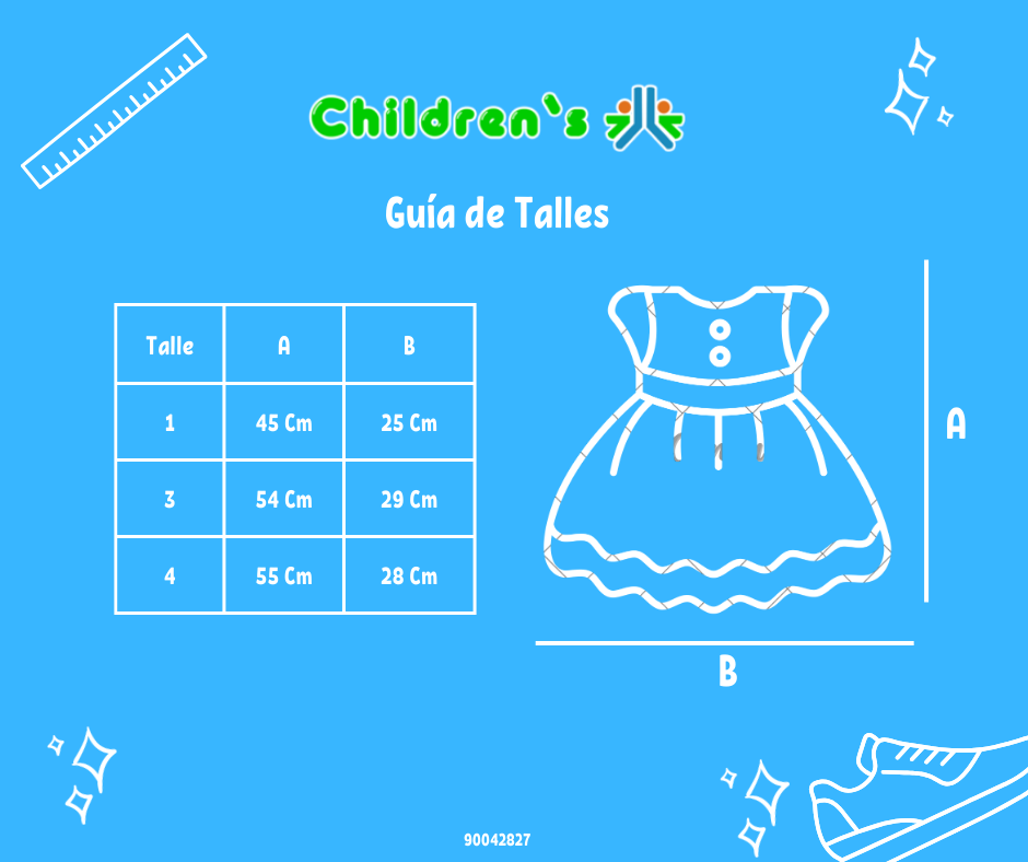 Tabla de talles — Vestido de Bautismo con Flores aplicadas en Pechera Mangas Cortas