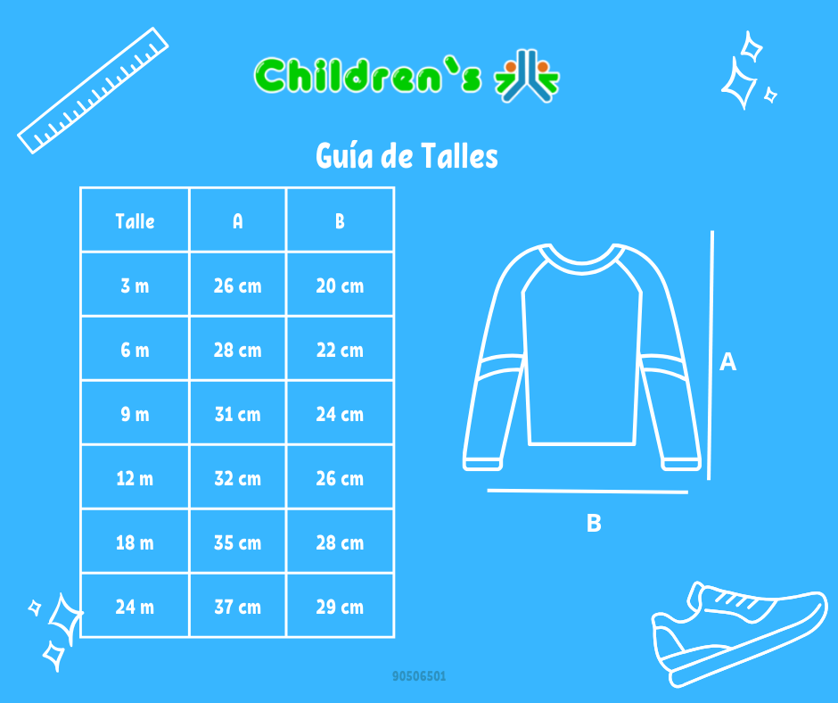 Tabla de talles — Remera manga larga con broche en el cuello estampado osito
