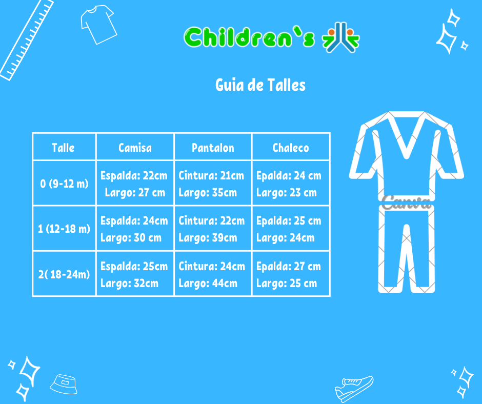 Tabla de talles — Conjunto 3 piezas Camisa, Chaleco y Pantalon Tela Mecanica